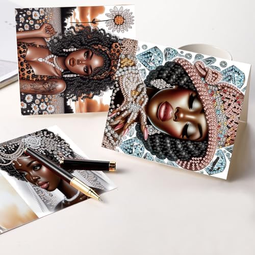 6 Pcs 5D Rhinestone Painting Greeting Cards Kits, Handmade Festival Greeting Cards with Envelopes Laser Effect DIY Diamond Art Crafts Birthday Cards for Birthdays Celebrations (Elegant African)