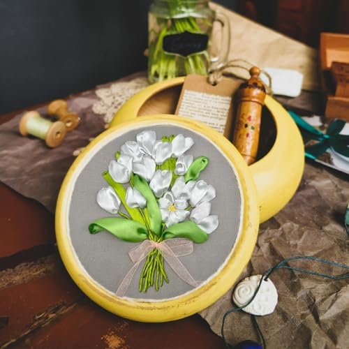 FONNUY Ribbon Embroidery 3D Flowers Pattern Design Kit Embroidery DIY Handwork Set Oval Home Decoration (White Tulip)