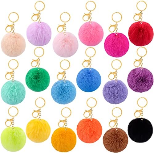 BQTQ 18 Pieces Pom Pom Keychains Rabbit Faux Fur Balls with Golden Hooks