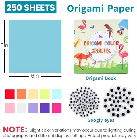 Koogel 250 Sheets Origami Paper Craft Kits, 6"x 6" with Origami Book | Kids Craft Paper Kit with Instructional Book for DIY Art and Craft Projects, Beginners Origami Kit for Kids, Gifts Boy Girl