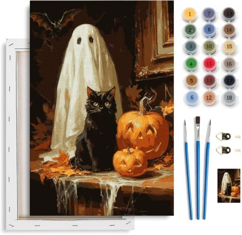 Spandrel Halloween Ghost Framed Paint by Numbers Kit for Adult, Black Cat Paint by Number Kits on Canvas, DIY Acrylic Oil Pumpkin Painting by Numbers for Home Wall Decor, 8x12in