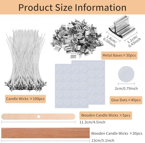 205 Pcs Candle Wicks Kit - 50 Wooden Wicks with Iron Stands, 100 Cotton Wicks & 100 Wick Stickers, Naturally Smokeless Cores for DIY Candle Making