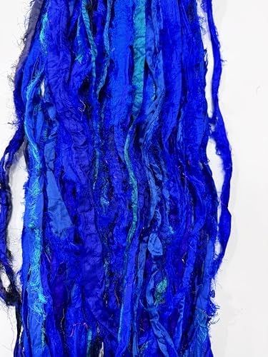 Maker's Craft Recycled Fuzzy Fringes Sari Silk Ribbon Yarn 35yards, 100Grams for DIY Knitting Crocheting Gift Wrapping, Christmas Decoration, Macrame Makers, Jewelry Making, Rugs Hooking (Indigo)