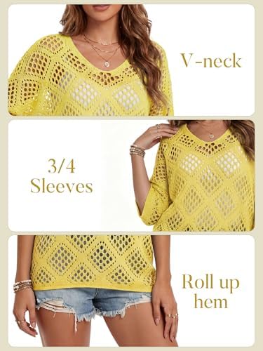 Womens Crochet Top Summer 3/4 Sleeve Cover Up V Neck Boho Tops