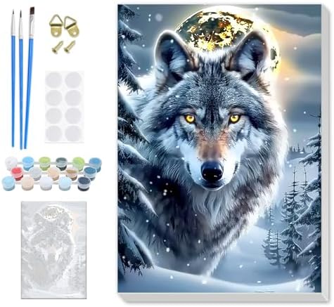 SENQAO Christmas Paint by Numbers for Adults Framed, Wolf Adults' Paint-by-Number Kits, Adult Paint by Number Kits on Canvas, Acrylic Number Painting for Home Decor, 8x12inch