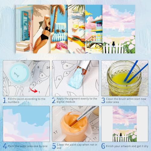 GEEHEIY 6 Pack Paint by Numbers Kit for Adults, Coastal Beach, 8 x 12 Inch | DIY Adult Paint by Number Kits on Canvas for Beginners, without Frame, Home Wall Decor, Stress Relief Craft Gift