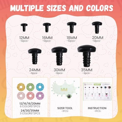 MUCUNNIA 160pcs 12-35mm 3D Moon Glitter Safety Eyes and Noses with Washers