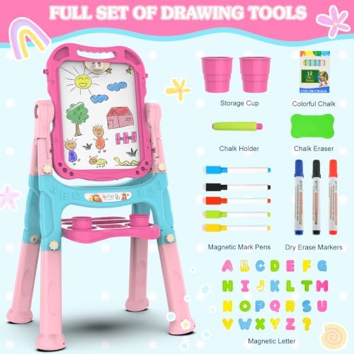 Amagoing Easel for Kids, Adjustable Standing Art Easel for Toddler, Double Chalk Drawing Board with Painting Accessories, Birthday Christmas Gift Toy for Girls 3 4 5 Years Old