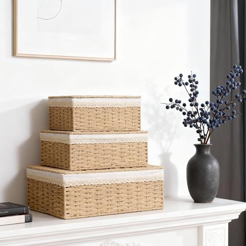 Nonam Rattan Divided Storage Basket with Lid, Set of 3, Natural