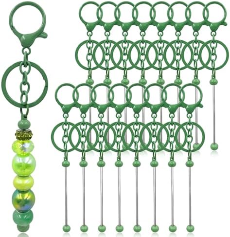 28 Pcs Beadable Keychain Bars - Keychain Making Kit Bulk - Metal Beaded Keychains for Crafting - Diy Key Chain Supplies - Blank Keychains Bars for Beads - Beadable Items (Green)