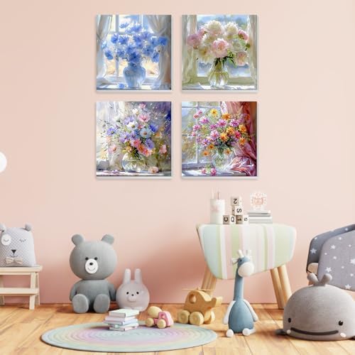 NEWENMO 4 Pack Paint by Numbers for Adults with Wooden Framed, Wildflowers in Vase, Paint by Number Kits on Canvas for Beginner, DIY Acrylic Oil Painting Kits for Home Decor 8x8 inch, Colorful Flowers