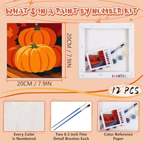 Nezyo 12 Pack Fall Paint by Numbers Kit for Adults Beginner 8x8 Inch | Autumn Pumpkin Maple Leaf Paint by Number Kits Frame Canvas, DIY Acrylic Easy Painting by Numbers for Home Wall Decor Party