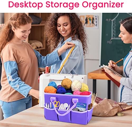 Desktop Tote and Organizer, Teacher Helper caddy Bag for Arts, Books, Stationery, Office Desk Organization, Make-up Storage with Handles for Travel (Purple)
