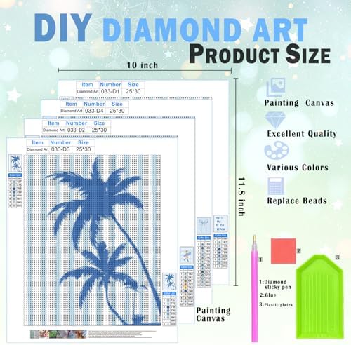 XUNLURY Blue Preppy Beach Diamond Art Kits 4 Pcs, Western Coastal Cowgirl Bow Diamond Painting Kits for Adults Girls Beginners, Full Drill Diamonds Dots for Home Decor, 9.8x11.8 Inch