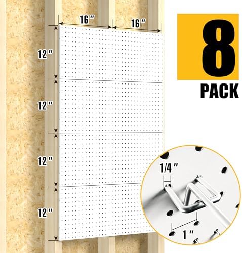 Spampur Peg Board, 8 Pack Metal Pegboard Panels with 50 Hooks