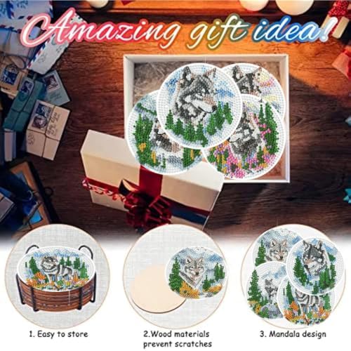 8 Pack Diamond Art Coasters,Wolf Forest animals Diamond Painting Coasters