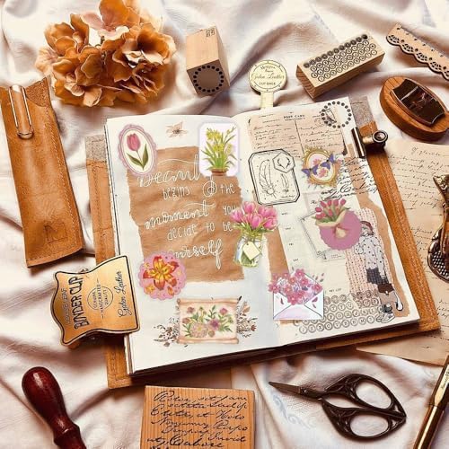 50Pcs Vintage Stickers,Waterproof Transparent PET Aesthetic Decorative Sticker Scrapbooking Supplies for Adult Card Making Letters Planner Journaling Junk Journal DIY Water Bottles Art Craft.Flowers