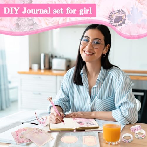 Janlaugh DIY Journal Diary with Lock Pack Scrapbook Kit, Pink, Classic | Stationery Diary Supplies, Scrapbook Supplies Art Crafts Kit for Birthday Holidays Ideal Gifts, Feather Bookmark Stickers