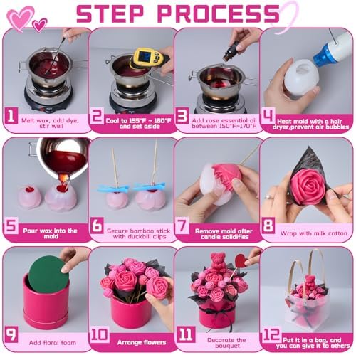 Rose Candle Making Kit with Round Gift Box,DIY Soy Wax Kit(Rose red)