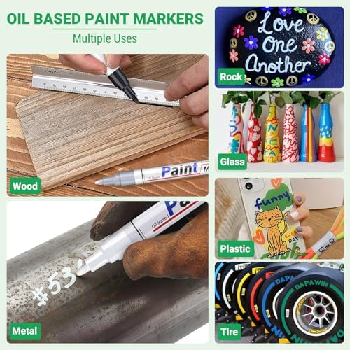 Oil Based Paint Pen, Permanent Paint Marker: Quick-Dry, Waterproof Marker Set of 12 for Rock Painting, Glass, Fabric, Ceramic, Wood, Metal, Mug, Plastic, Stone, Christmas Art Craft Supplies Kit
