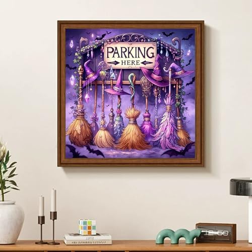 ckdiluy Halloween Diamond Art Kits for Adults Beginners, 5D DIY Witch Broom Diamond Painting Kits, Full Round Drill Magic Hat Diamonds Painting Dots Gem Art Crystal, Home Wall Decor 13.8X13.8 Inch