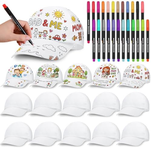 DIY White Baseball Hats Bulk for Adult Adjustable Blank Sports Baseball Hat with 24 Color Fabric Markers