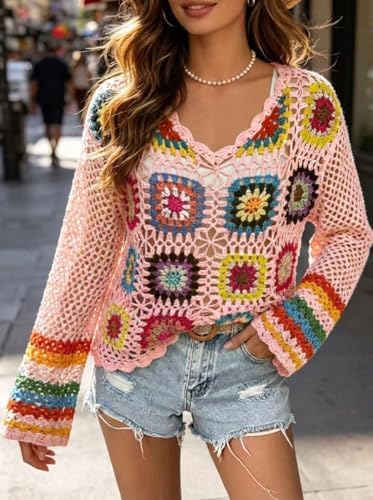 Kinghua Crochet Tops for Women Spring Summer Boho Floral Shirts Coverups