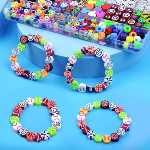 BBita 1000PCS Polymer Clay Beads Bracelet Making kit, 24 Style Cute Fun Beads Sports Ball Volleyball Softball Baseball Basketball Soccer Rugby Football Charms for Jewelry Making DIY for Women Girls