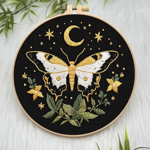 ERKOON Embroidery Kit for Beginners Adult Cross Stitch Set Include Embroidery Cloth Hoop Threads for Craft Lover Hand Stitch with Embroidery Skill Techniques (Moon Butterfly)
