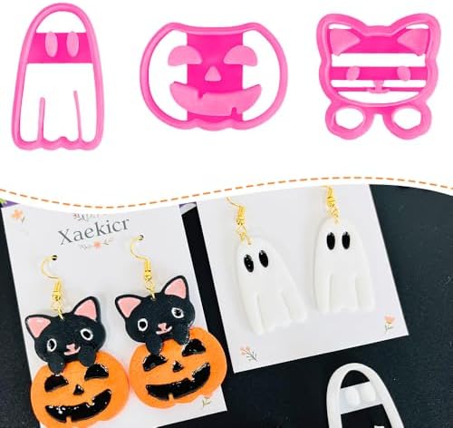 Xaekicr 3Pcs Halloween Polymer Clay Cutters Set – Ghost, Pumpkin, Cat | Clay Earring Cutters for Halloween Jewelry DIY | Polymer Clay Molds & Tools for Earrings Making