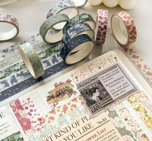 Flowers Washi Tape Set 30 Rolls Floral Patterns Decorative Skinny Slim Masking Tapes for Arts, DIY Crafts, Journals, Planners, Scrapbook, Wrapping (Greens Thrive)