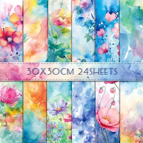 12×12 Vintage Floral Scrapbook Paper Watercolor Flower Pattern Paper,24 Sheets Double-Sided CardStock Papers Pad for Holiday Cardmaking Journaling DIY Origami Decorative Craft Papers.