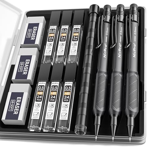 Nicpro 0.5 mm Mechanical Pencil Set with Case, 3PCS Mechanical Pencils 0.5