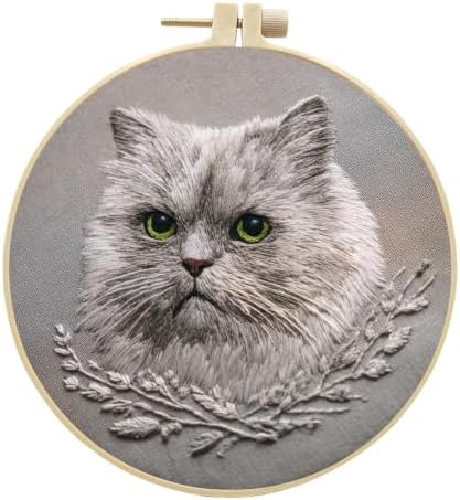 Grey Cat Embroidery Kit for Adults with Tools & Instruction