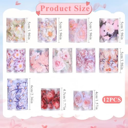 12 Rolls Floral PET Tape for Journaling and Scrapbooking Aesthetic Washi Tapes Floral Journaling Tape for Art Crafts, Aesthetic Washi Tapes Scrapbooking Supplies