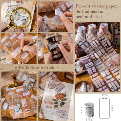 Tape Stickers for Scrapbook Supplies, Stamp Stickers for Journaling,6 Rolls