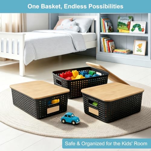 Bagnizer Small Plastic Storage Bins with Bamboo Lids 5.2qt Stackable Box Basket Pantry Decorative Containers Cute with Lable for Organizing Desktop Closet Office Black of 6 packs 10 * 7.2 * 4.1"