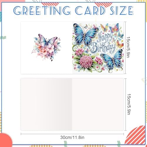 6 Pack Diamond Art Greeting Cards with Envelopes, DIY 5D Diamond Painting Birthday Card Kit with Butterflies and Flowers, 30x15cm Handmade Special Shaped Rhinestone Craft for Holiday and Birthday