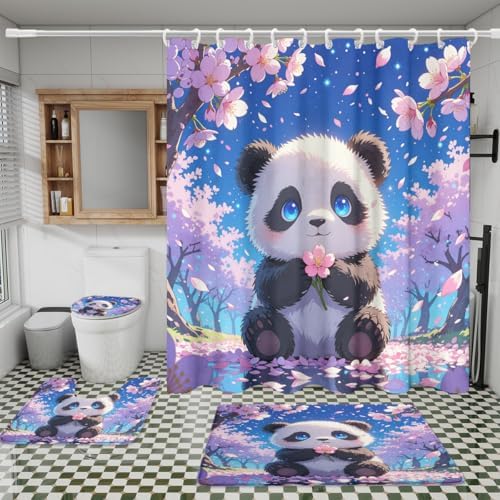 Funny Cute Baby Panda 4 Piece Shower Curtain Sets,Cartoon Anime Kawii Panda Bears Non-Slip Rugs,Toilet Lid Cover and Bath Mat,Japanese Cherry Blossoms Bathroom Decor Set