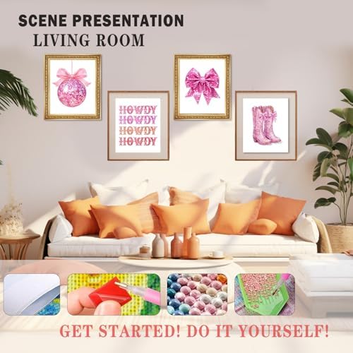 XUNLURY Trendy Western Cowgirl Diamond Art Kits 4 Pcs, Funky Glitter Pink Bow Disco Ball Diamond Painting Kits for Adults Girls Beginners, Full Drill Diamonds Dots for Home Decor, 9.8x11.8 Inch