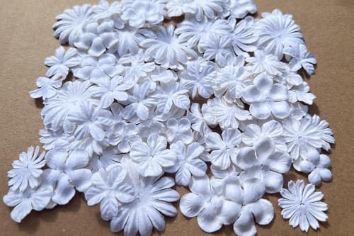 100 Pcs Handmade Mulberry Paper Flowers 3 mm - 1.5 Inch Scrapbooking Wedding DIY Craft Supplies Card. (Mixed White Flowers)
