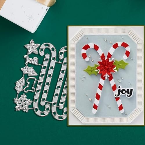 Lapoo Christmas Metal Cutting Die for Scrapbooking, 3D Backgrounds Frame Cutting Dies DIY Album Card Making Decor Paper Metal Die Cuts Party Wedding Decorations (Green Leaves and Crutches 5.1 x 4 in)