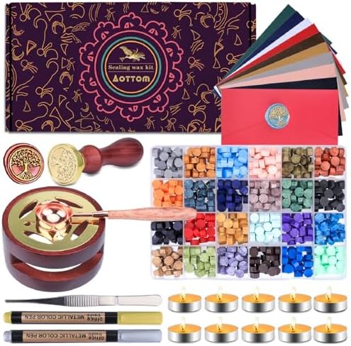 Aottom Wax Seal Stamp Kit with Gift Box, 24 Colors 650 Pcs Beads, Warmer, Envelopes, Candles, Stamp, Metallic Pen for Gift and Decoration