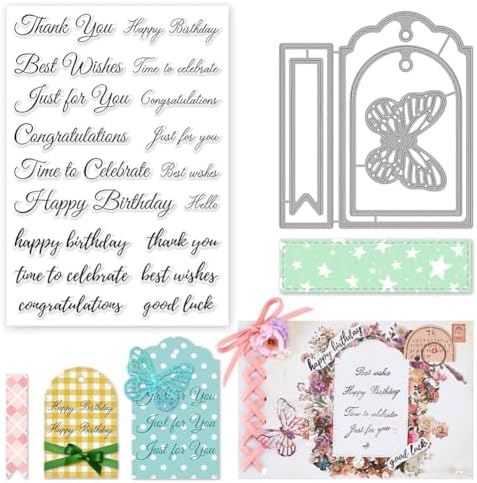 INFUNLY Word Label Tag Clear Stamp and Die Cut for Card Making Word Cutting Die Butterfly Die Cut Happy Birthday Word Clear Stamps for DIY Craft Scrapbooking Blessing Easter Greeting Card Decor