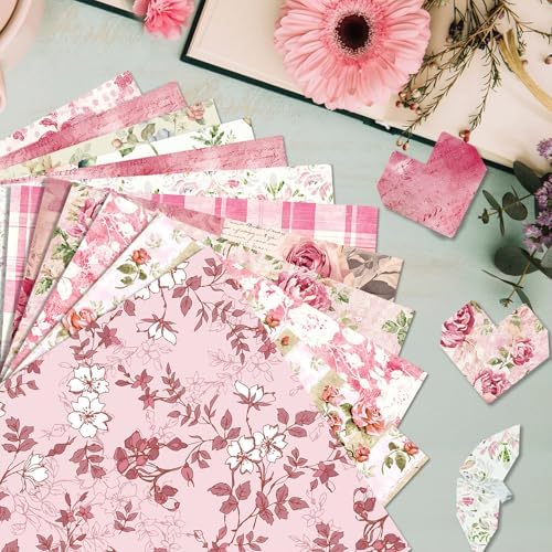 Pink Scrapbook Paper Vintage Flower Pattern Papers Pad 12×12,24 Sheets Double-Sided Mother's Day Bobo Floral Scrapbooking CardStock Paper Pad for Holiday Cardmaking DIY Origami Papers.