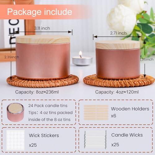 CONNOO 24 Pack - 12pcs 8oz & 12pcs 4oz Rose Gold Candle Tins with Lids