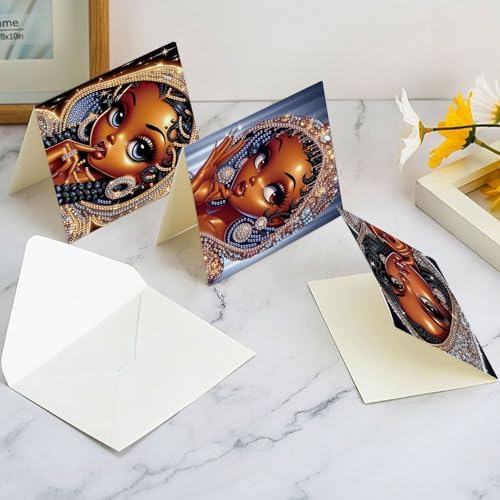 AiYuanzsh 6 Pcs 5D Diamond Painting Greeting Card Kits, Luxury Black Beauty Design DIY Diamond Art Greeting Cards with Envelopes, Handmade Rhinestone Cards for Adults Birthday & Festival Celebration