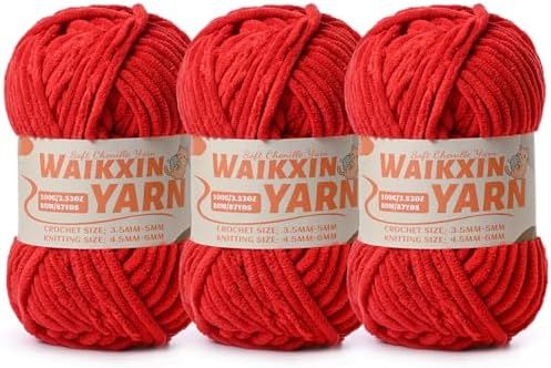 （3 Red） 3 Pack Super Soft Fuzzy Chenille Chunky Yarn for Crocheting, 300g (261yds) Velvet Fluffy Yarn for Hand Knitting Baby Blankets Weaving Craft