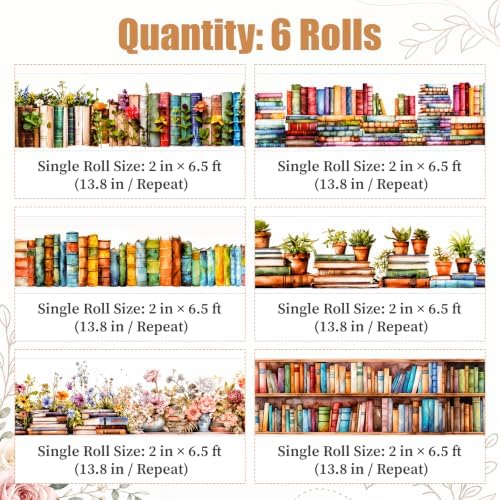 PET Tape Stickers for Journaling, 6 Rolls Book-Themed Library Stickers