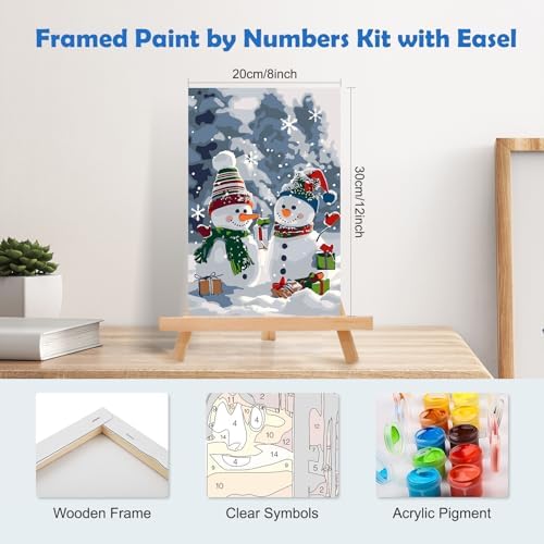 MOGTAA Christmas Paint by Numbers Kit for Adults Beginners with Frame, Snowman Adult Paint by Number Kits on Canvas with Easel, Easy DIY Winter Oil Painting Kits for Home Decor, 8x12in